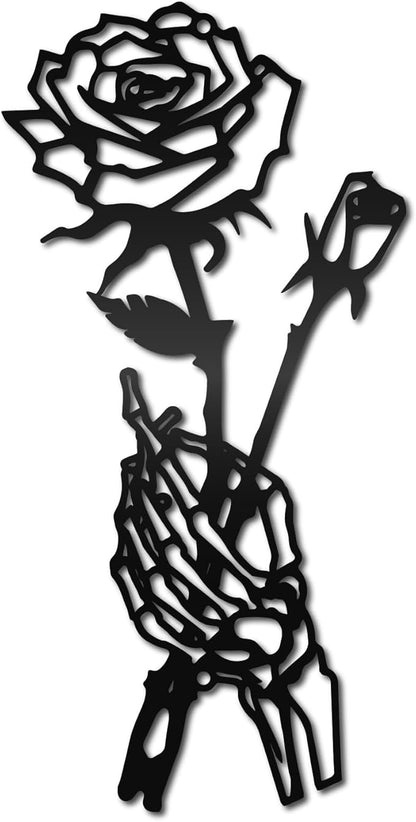 CREATCABIN Skeleton Hand Rose Wall Decor Flower Metal Wall Art Minimalist Halloween Gothic Line Art Skull Unique Love Hanging Sculpture for Wall Valentine's Day Home Decor Black 11.8 x 5.9 inch