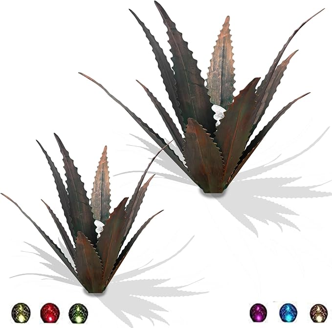 2 PCS Metal Agave Sculpture Decoration, Vintage Country Hand-Painted Sculpture DIY Metal Agave Plant, Home Garden Courtyard Lawn Outdoor Decoration (Serrated Antique Bronze Color)