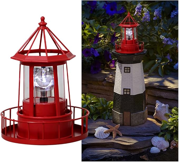 Solar Lighthouse Rotating Light with 360° Beacon, IP65 Waterproof Outdoor LED Decor for Garden, Yard, Pathway & Patio - Solar-Powered Lawn Statue Lamp for Balcony & Fence Decoration(Color:Red)