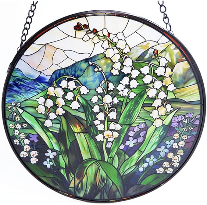 Stained GlassLily of the Valley Suncatcher with Flowers and Green Leaves Window Hanging for Door Home Decor for Bird Lover Garden Gift for Valentine's Day Mother's Day Housewarming 7.8 in