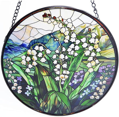 Stained GlassLily of the Valley Suncatcher with Flowers and Green Leaves Window Hanging for Door Home Decor for Bird Lover Garden Gift for Valentine's Day Mother's Day Housewarming 7.8 in