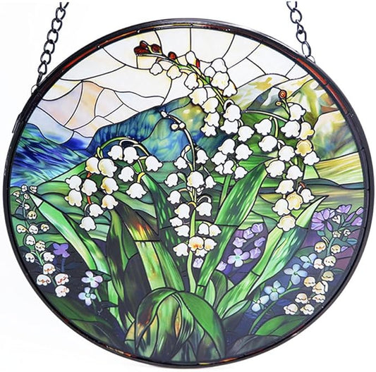 Stained GlassLily of the Valley Suncatcher with Flowers and Green Leaves Window Hanging for Door Home Decor for Bird Lover Garden Gift for Valentine's Day Mother's Day Housewarming 7.8 in