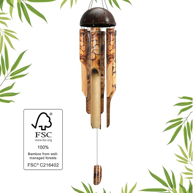 ASTARIN Bamboo Wind Chimes for Outside,Handcrafted Wooden Wind Chimes for Outside with Coconut Crown, Floral Burned Design Bamboo Windchimes for Garden,Yard,Home(44 Inch) (FSC Certified)