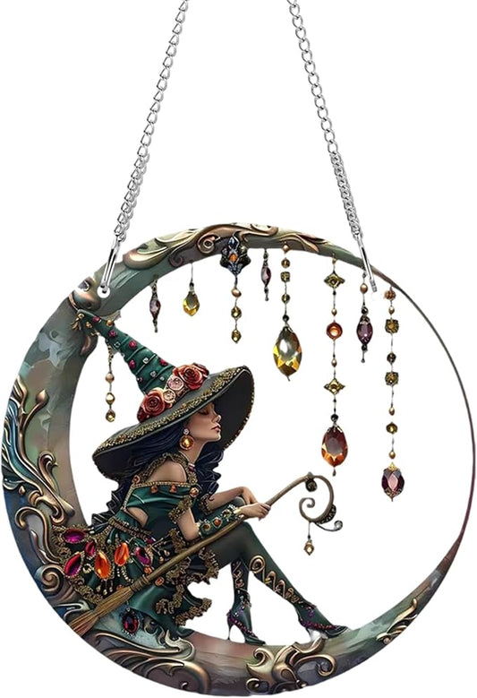 8" Mystic Moonlight Witch Acrylic Suncatcher with Hanging Chain, Magical Light Effects Decoration for Patio, Garden, Balcony and Home - Perfect Housewarming or Birthday Gift