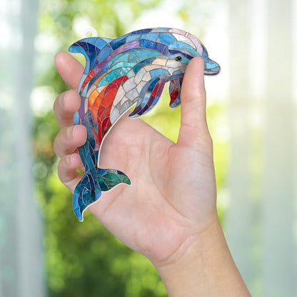 Dolphin Stained Glass Ornament, Ocean Marine Life Window Hanging Suncatcher Acrylic Decor, Nautical Animal Ornament for Home, Car Mirror, Beach House, Collectible Gift for Dolphin Lovers(Sun-08)