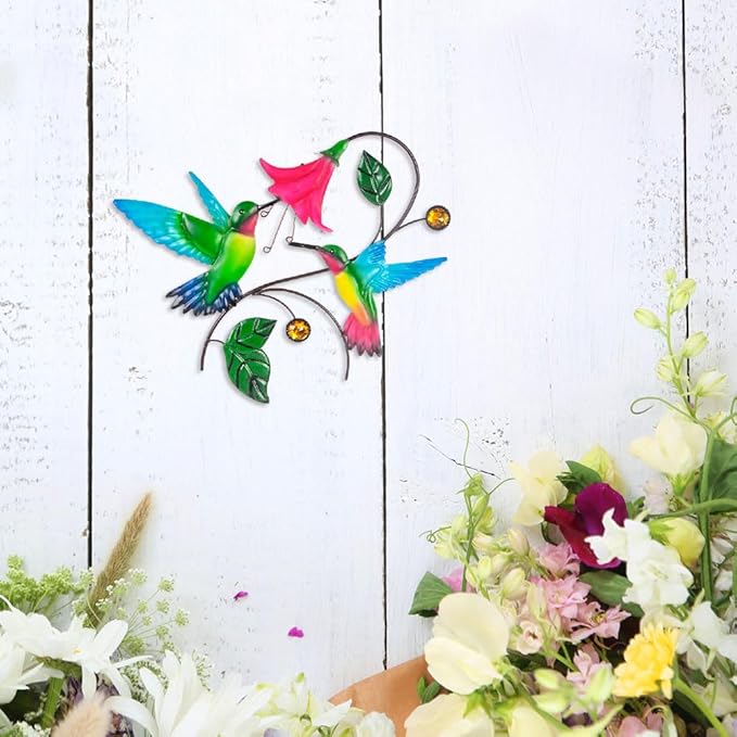 Metal Wall Art Hummingbird with Flower Decor, Metal Birds Yard Outdoor Wall Art, Hanging Bird Wall Decor for Living Room Home Indoor