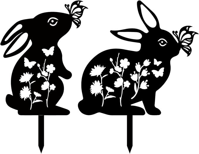 CREATCABIN 2Pcs Rabbit Metal Decor for Outside Black Rabbit Stake Rabbit Garden Decor Art Bunny Silhouette Statues Garden Decorative Ground Insert Lawn Ornaments for Outside Outdoor 9/12.4x11.8Inch