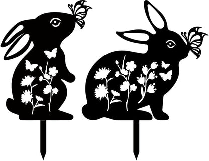 CREATCABIN 2Pcs Rabbit Metal Decor for Outside Black Rabbit Stake Rabbit Garden Decor Art Bunny Silhouette Statues Garden Decorative Ground Insert Lawn Ornaments for Outside Outdoor 9/12.4x11.8Inch