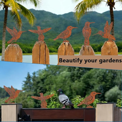 5Pcs Metal Birds Yard Decor for Wall Fence Rusty Garden Art Hummingbirds Pattern Durable Iron Yard Sculptures for Farmhouse Outdoor Pathway Patio Lawn Ornaments Ground Insert Decorations