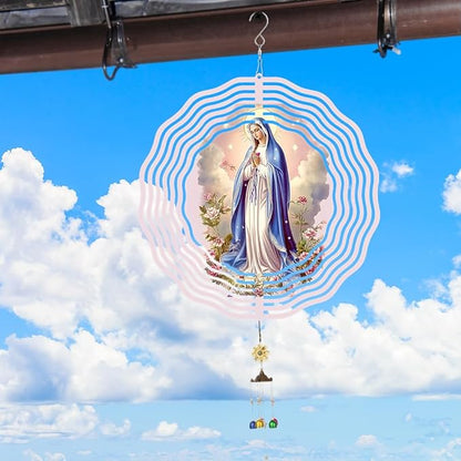 Virgin Mary Prayer Wind Spinner, Metal Wind Spinners Outdoor Indoor,Virgin Mary Hanging Garden Decor for Outside, Stainless Wind Spinners for Yard and Garden 10 inch 3D (25.76X25 CM)