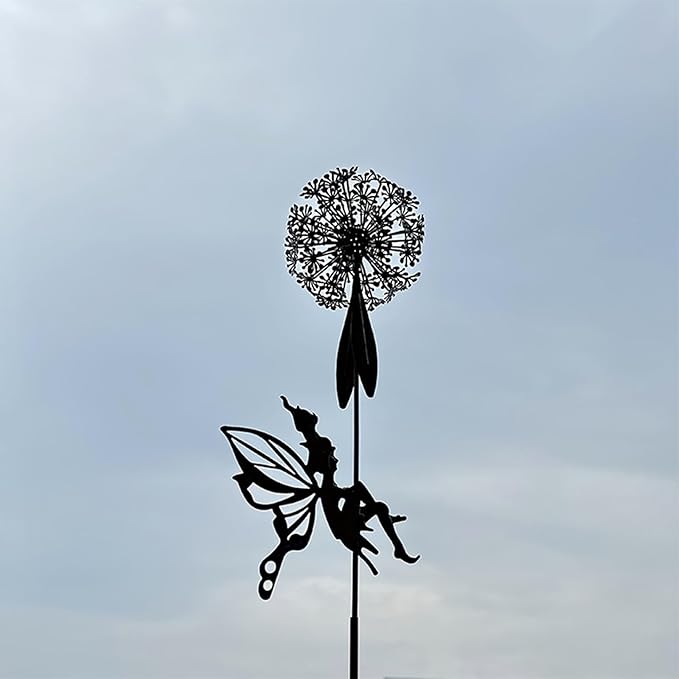 Flower Fairy Dancing with Dandelion Garden Sculpture,Angel Metal Ornaments Stainless Steel Statue Decorations,Wonderland Outdoor Yard Lawn Patio Stakes Sculptures Decor (H)