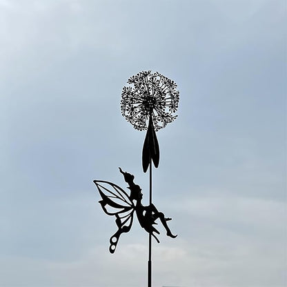 Flower Fairy Dancing with Dandelion Garden Sculpture,Angel Metal Ornaments Stainless Steel Statue Decorations,Wonderland Outdoor Yard Lawn Patio Stakes Sculptures Decor (F)