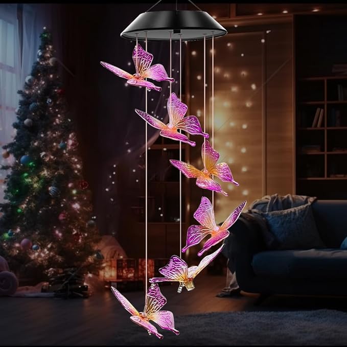 Butterfly Solar Wind Chime Light Outdoor, Best Gift for mom, Grandma, Lady, Wife, Aunt, Sister, Unique Mobile Wind Chime, Garden Yard Decoration