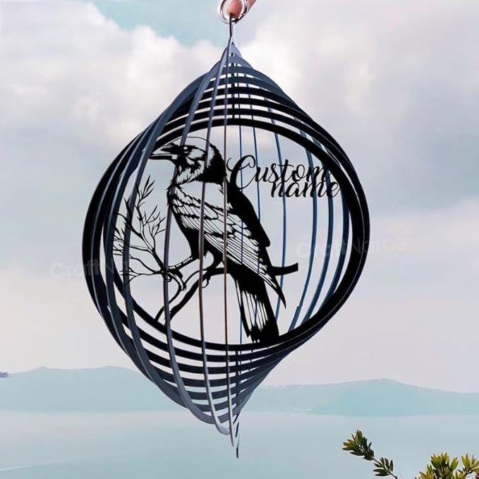 Personalized Raven Metal Wind Spinner, Custom Outdoor Ornament for Yard Display, Kinetic Bird Sculpture, Gothic Garden Gift (Raven Garden Wind Spinner)