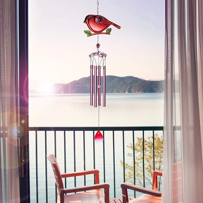 Evealyn Outdoor Red Cardinal Bird Wind Chimes, Indoor Stained Glass Metal Tubes Music Beautiful Windchimes Hanging for Room,Balcony,Window, Garden,Yard, Patio,Lawn Creative Home Decoration (Red)