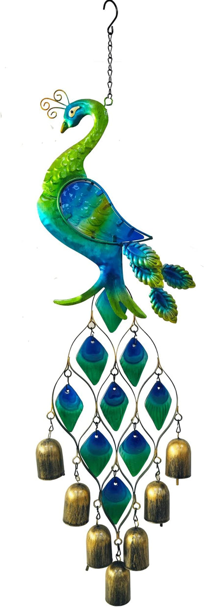 Outdoor Chimes Gifts for Women, Colorful Peacock Wind Chimes-Metal and Glass Hanging Sculpture,Birthday Gifts for Mom Grandma Wife