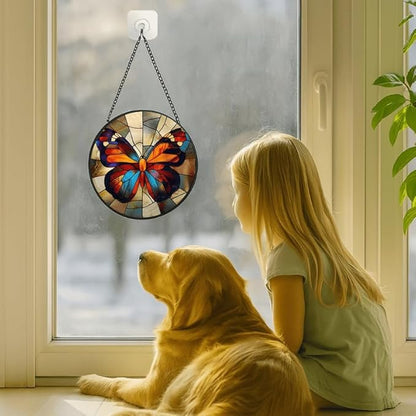 Stained Glass Window Hanging - Radiant Sun and Garden Scene Sun Catchers Indoor Stained Glass Panels Wall Decor for Mom, Wife, Lovers, Festive, 7.8in