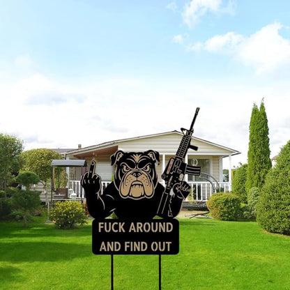 F Around & Find Out Dog Sentry Metal Dogs Silhouette Garden Stake with Middle Finger &Weapon Sign, FAFO Security Sign Middle Finger Dog Statue Decor for Outdoor Yard Patio (Bulldog, 6 * 12")
