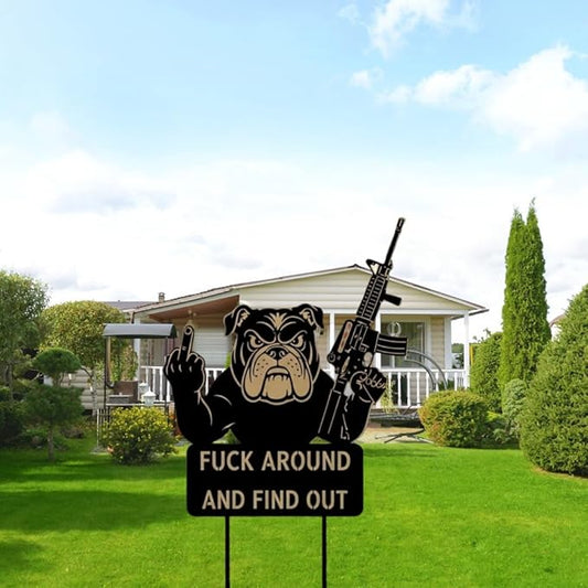 F Around & Find Out Dog Sentry Metal Dogs Silhouette Garden Stake with Middle Finger &Weapon Sign, FAFO Security Sign Middle Finger Dog Statue Decor for Outdoor Yard Patio (Bulldog, 6 * 12")