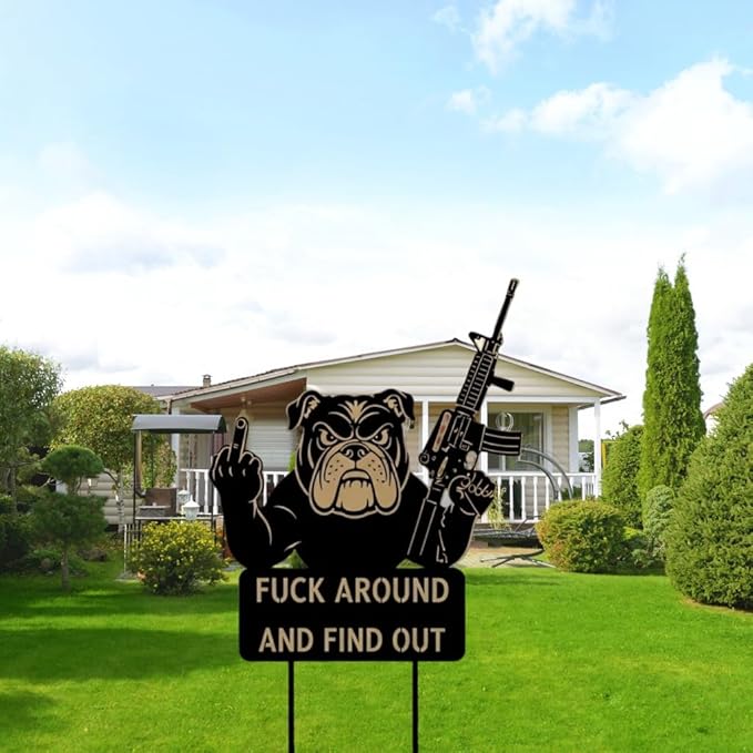 F Around & Find Out Dog Sentry Metal Dogs Silhouette Garden Stake with Middle Finger &Weapon Sign, FAFO Security Sign Middle Finger Dog Statue Decor for Outdoor Yard Patio (Bulldog, 8 * 16")