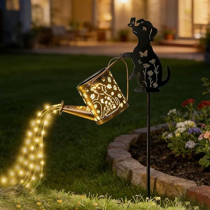 Outdoor Dog Statue Solar Watering Can with Lights, Complete with Netal Dog Silhouette Garden Stake. Ldeal for Garden, Lawn and Courtyard Decoration, A Unique Gift for Mothers and Women.