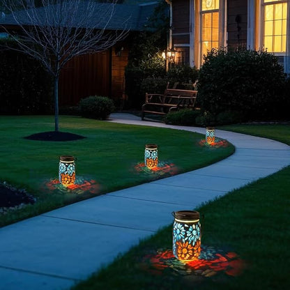 Starsoul 2 Pack Solar Lanterns Outdoor Waterproof, Mosaic Flowers Glass Solar Hanging Outdoor Lights, Decorative Solar Lantern for Outside Pathway Patio Porch Yard Decor