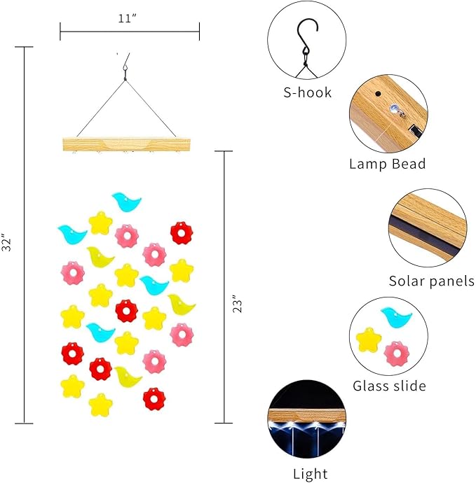 Topadorn Solar Wind Chimes Light Glass Hanging Windchimes with Solar Light for Home, Garden, Patio and Yard Decor