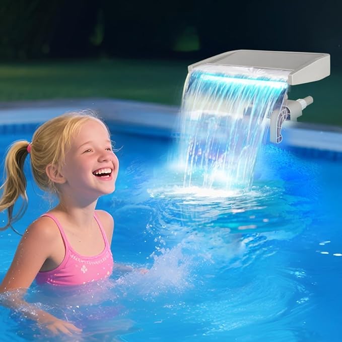 Pool Fountain Waterfall for Above Ground Pools with 7-Color LED Lights, Smooth Flowing Pool Waterfall for Outdoor Decor and Relaxation, Adjustable Width Fits Various Frame Pools (Led Light)