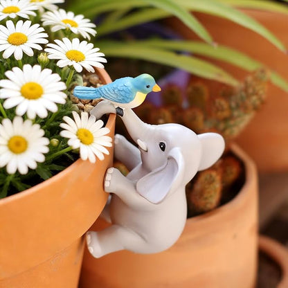 Cute Climbing Elephant with Bird Flower Pot Hugger Figurines Resin Hanging Elephant Statue Planter Pot Decorations for Home Garden Fence Balcony Patio Lawn Yard Ornaments