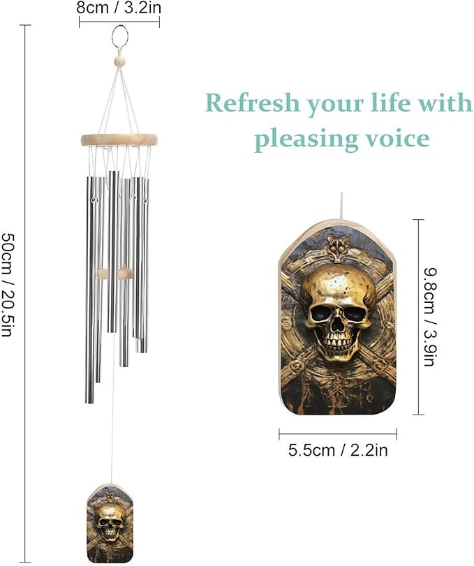 Wind Chimes for Outside,Skull Metal Pirate Printed Cute Aluminium Windchimes Outdoors,Soothing Melodic Memorial Wind Chime for House Porch Patio Garden Balcony Decor