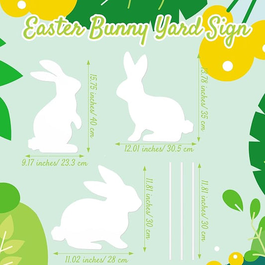 MorningRo 3 Pcs Large Easter Bunny Yard Signs Metal Rabbit Garden Stakes Easter Bunny Lawn Decorations Outdoor White Decorative Yard Decoration with Stake for Holiday Decor