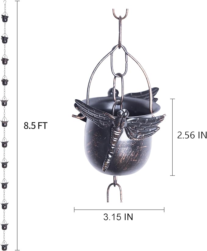 TZSSP Rain Chain, Iron Rain Chains-12 Cups,8FT Gutter Rain Chain,Adjustable Rain Catcher Chain for Outdoor Garden Decor,Replacement Downspout for Gutters,Dragonfly