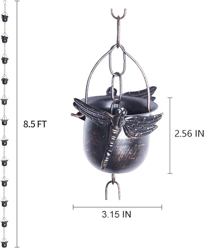 TZSSP Rain Chain, Iron Rain Chains-12 Cups,8FT Gutter Rain Chain,Adjustable Rain Catcher Chain for Outdoor Garden Decor,Replacement Downspout for Gutters,Dragonfly