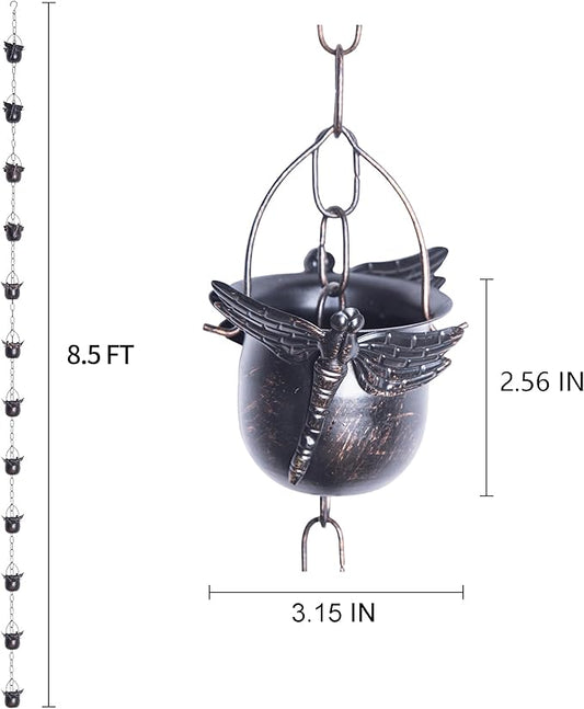 TZSSP Rain Chain, Iron Rain Chains-12 Cups,8FT Gutter Rain Chain,Adjustable Rain Catcher Chain for Outdoor Garden Decor,Replacement Downspout for Gutters,Dragonfly