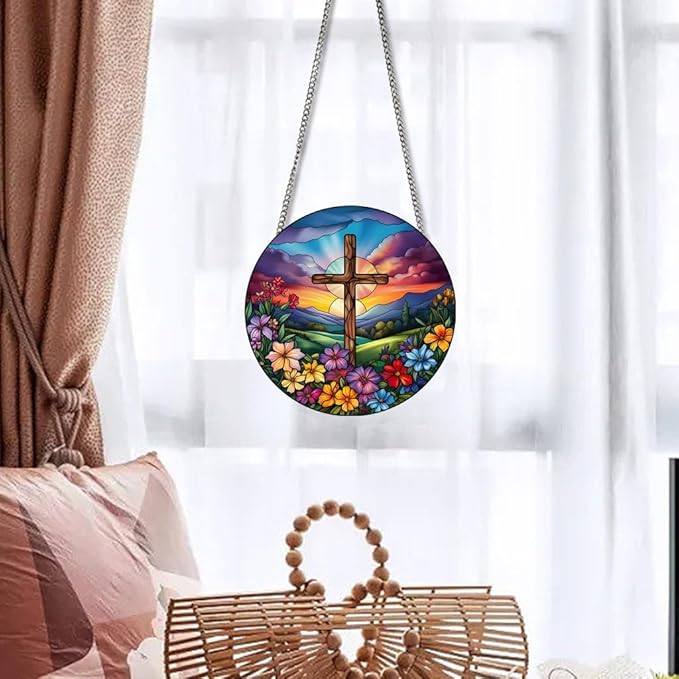 Cross Flowers Stained Window Hangings with Chain – Acrylic Cross Flowers Ornament for Garden, Patio and Indoor Decor, Housewarming Gift for Mom, Grandma