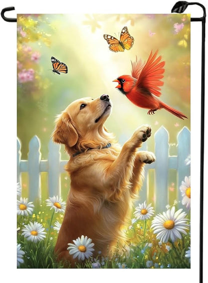 Spring Summer Golden Retriever Garden Flags 12x18 Double Sided, Small Burlap Seasonal Cardinal Floral Dog Garden Flag Spring Summer Outdoor Yard Decorations for Outside Lawn Décor