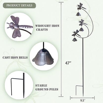 Gardens Metal Dragonfly with Bells for Outside Yard Art，Decorative Garden Stakes