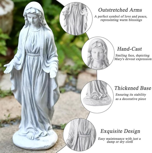 15 inch Virgin Mary Statue, Angel Statue for Garden, Religious Garden Statue Outdoor, Blessed Mother Sculpture, Mother Mary Statue for Patio Home Yard Decor, Gray