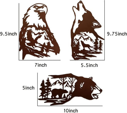 J-Fly Metal Bear Wall Decor Eagle Wall Decor Wildlife Wall Art Rustic Cabin Decor Laser Cut Bear and Wolf Eagle For Living Room Valentine Bathroom etc Indoor & Outdoor Decor 3 Pack