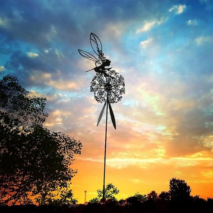 Fcteap Flower Fairy Dancing with Dandelion Garden Art Sculpture Stainless Steel Statue Christmas Halloween Decoration for Outdoor Yard Courtyard Lawn Patio Metal Ornaments (Hurdle)