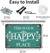 Metal Porch Signs Outdoor - This is Our Happy Place Sign, Vintage Welcome Sign for Front Door, Deck, Backyard, Outside Yard, Farmhouse, Garden, Pool, Patio, Porch Decor Wall Art, 12 x 8 inch