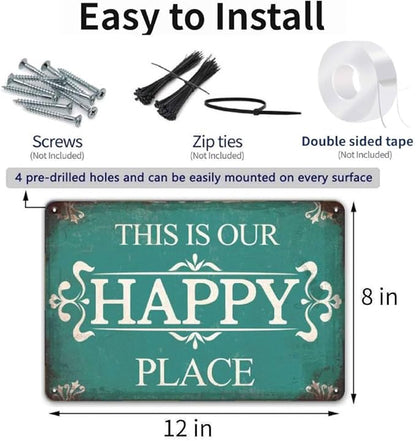 Metal Porch Signs Outdoor - This is Our Happy Place Sign, Vintage Welcome Sign for Front Door, Deck, Backyard, Outside Yard, Farmhouse, Garden, Pool, Patio, Porch Decor Wall Art, 12 x 8 inch