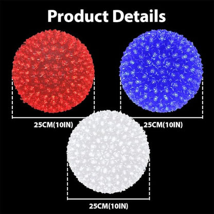 3PK 10in Patriotic Light Ball, 300LED Red White Blue Sphere Lights, Steady Hanging Globe Lights for 4th of July, Memorial Day, Independence Day & Veteran Day, Red White Blue Decor for Outdoor Home