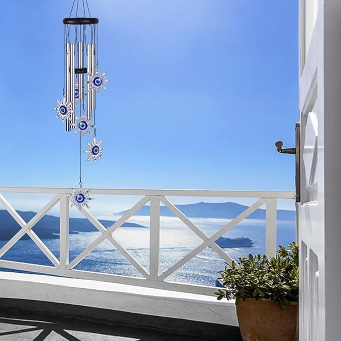 Blue Evil Eye Heart Wind Chimes, Metal Tubes Hanging Ornaments, Car Outdoor Garden Decor (Sun)