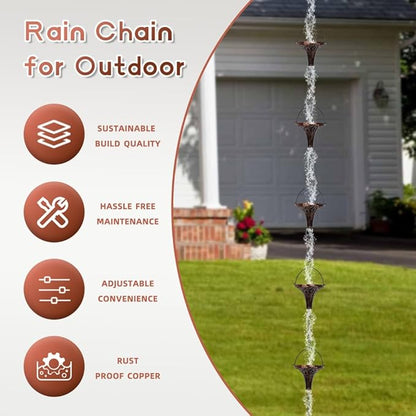 9.7ft Rain Chains for Outside, 10-Cup Rain Chain Replacement Downspout for Gutters,Eaves, Drainage, Adjustable Length(Brown)