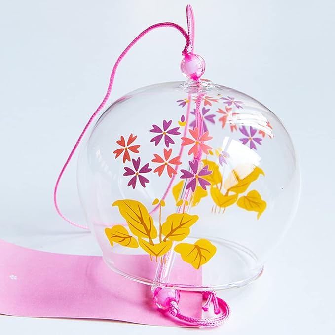 Falytemow Japanese Wind Chimes Romantic Flowers Small Wind Bells Handmade Glass Japanese Style Pendant for Birthday Present Home Decors (Yellow Flower, Chrysanthemum, Butterflies, Fireworks, 8 cm)