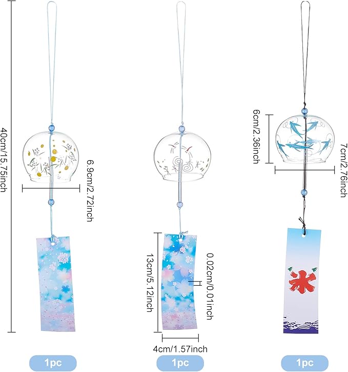 BENECREAT 3Pcs 3 Style Animal Pattern Japanese Wind Chimes, Light Sky Blue Glass Wind Bells Handmade Pendants for Birthday Gift and Home Decors