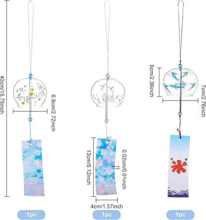 BENECREAT 3Pcs 3 Style Animal Pattern Japanese Wind Chimes, Light Sky Blue Glass Wind Bells Handmade Pendants for Birthday Gift and Home Decors