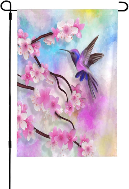Spring Hummingbird Garden Flags 12x18 Double Sided, Small Cherry Blossoms Yard Flag for Farmhouse Front Porch Lawn Outdoor Holiday Decor