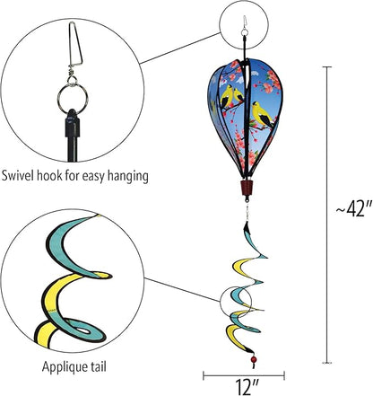 In the Breeze Goldfinch Family 6-Panel Kinetic Hot Air Balloon Wind Spinner,11" W x 17" H, 26" Tail,1056